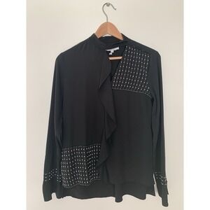 Derek Lam 10 Crosby 100% Silk Embellished Top Black Long Sleeve Beaded Ruffle 0